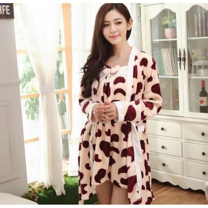 迪鲁奥(DILUAO)孕妇睡衣冬季加绒 孕妇珊瑚绒睡裙 两件套睡衣孕妇睡衣 孕妇珊瑚绒睡衣1013-22 棕奶牛 均图片