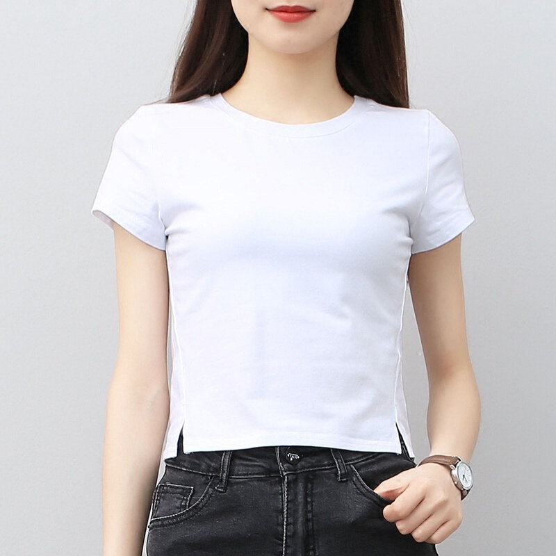 夏季短袖t恤女短装百搭打底衫短款漏肚脐棉体恤显瘦开叉上衣潮