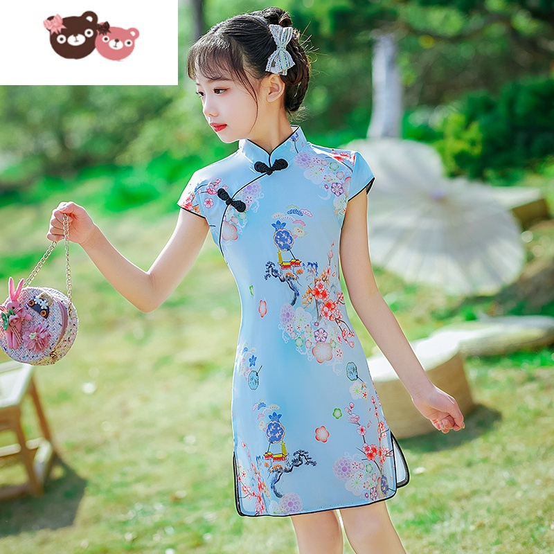 绿彩虹光女童旗袍连衣裙中国风儿童礼服唐装日常小女孩古装演出服中大