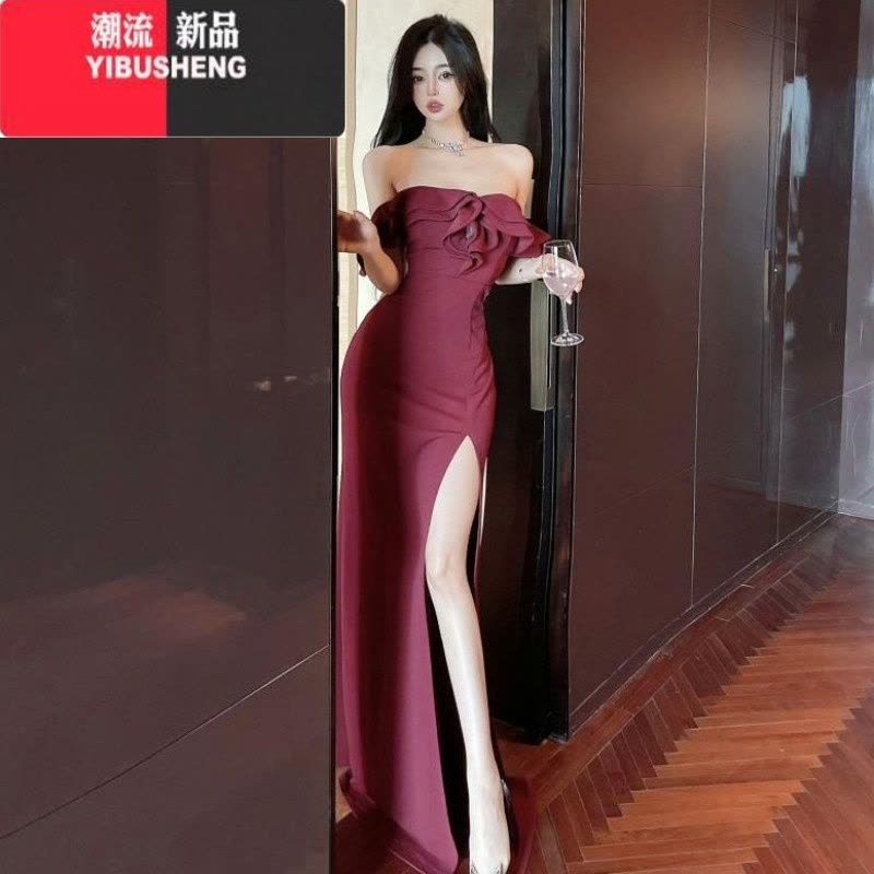 YIBUSHENG性感一字肩连衣裙长裙女季荷叶边气质名媛高开叉晚礼服裙高级感图片