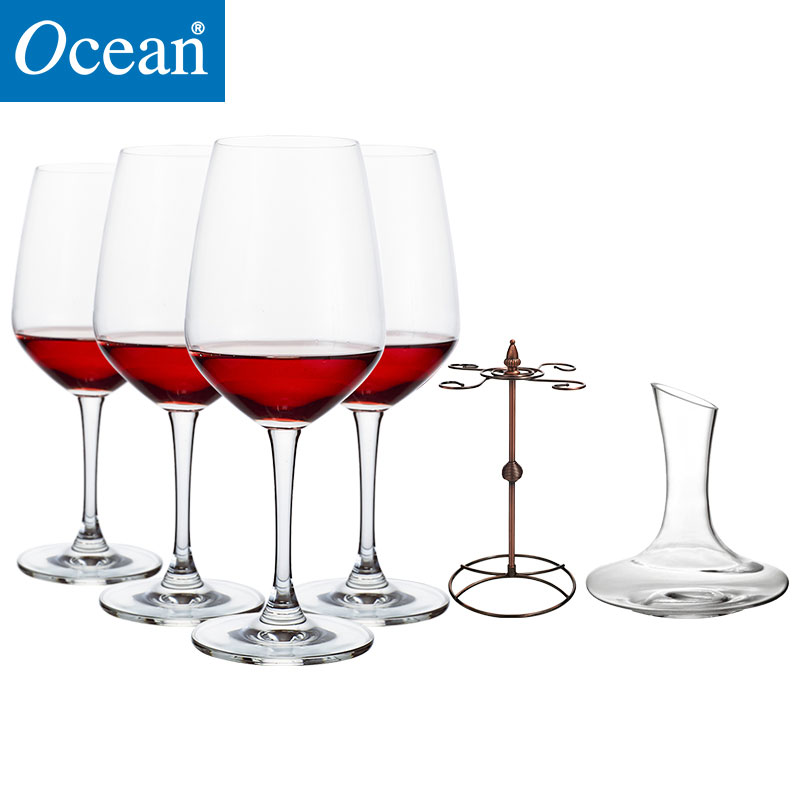 Ocean进口无铅玻璃冷切口红酒杯455ML4只配1500ML醒酒器配酒杯架套装高清大图