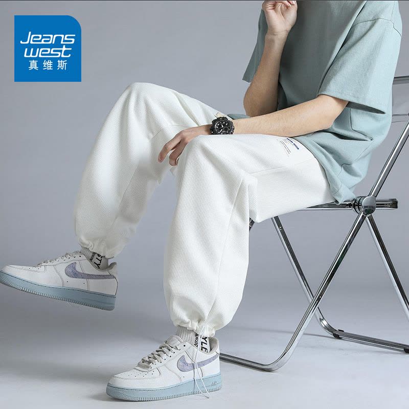 真维斯华夫格卫裤男士宽松直筒九分裤情侣装夏季新款抽绳运动裤子图片