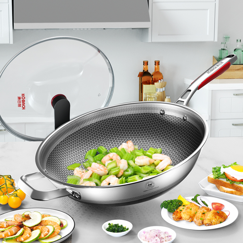 康巴赫乐厨款炒锅不粘锅316L不锈钢炒菜锅34cm加大号少油烟双面花纹Pro蜂窝平底具电磁炉燃气通用