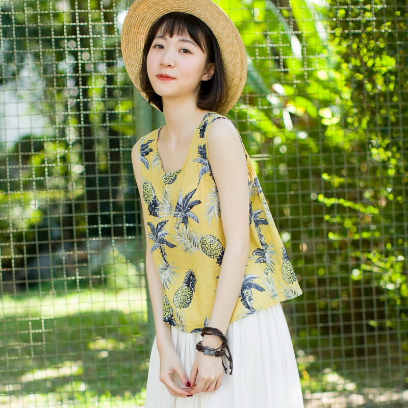 文艺印花背心女夏外穿2018新款宽松复古打底衫短款无袖带上衣黄底花