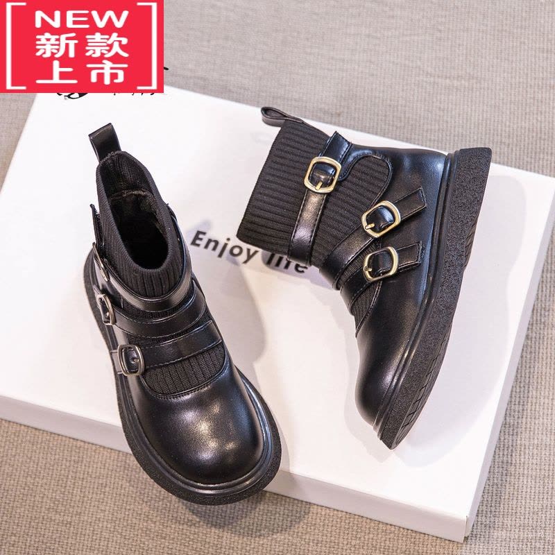 可莉允女童靴子2022秋季新款百搭马丁靴女孩表演袜靴公主鞋加绒女童短靴图片