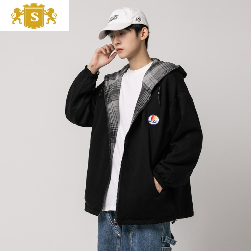 suntek两面穿格子开衫连帽外套男秋冬韩版宽松显瘦夹克棒球服夹克视频