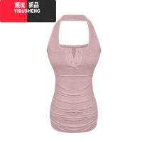 YIBUSHENG纯欲性感挂脖露背背心连衣裙气质收腰褶皱紧身包臀裙短裙子女子 均码 粉色