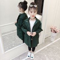 季新款童装女童风衣春装时尚2019洋气新款中大童韩版收腰中长款连帽儿童外套小学生7岁8岁6 160cm 绿色