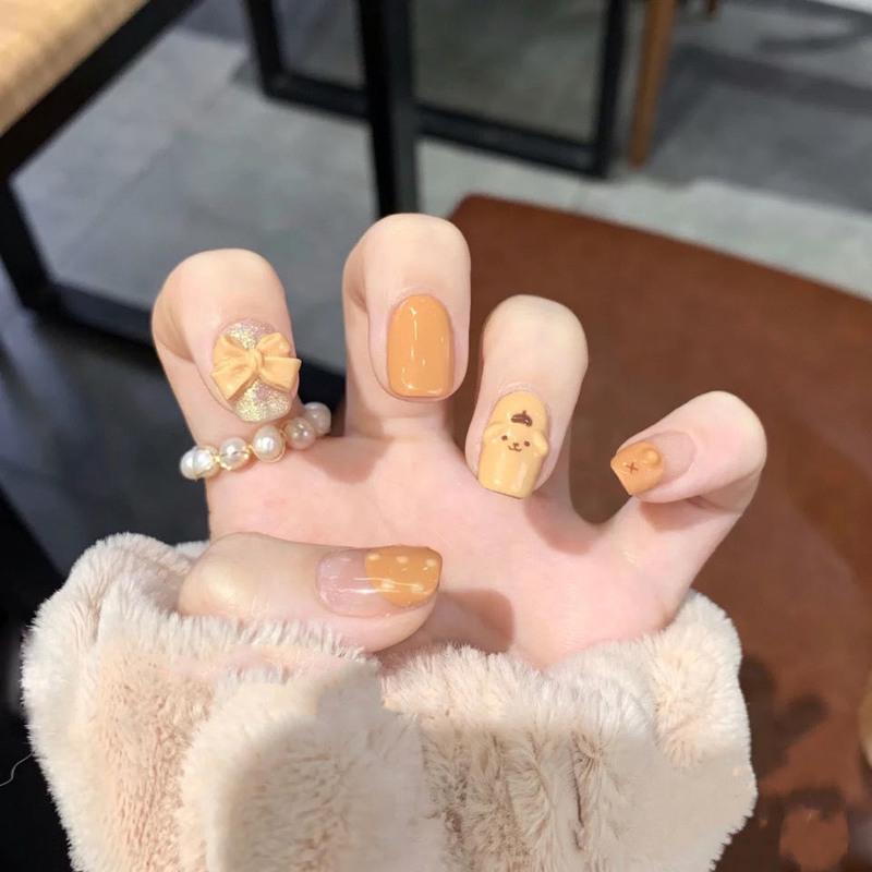 假指甲美甲贴片布丁狗可爱蝴蝶结美甲小号短方圆