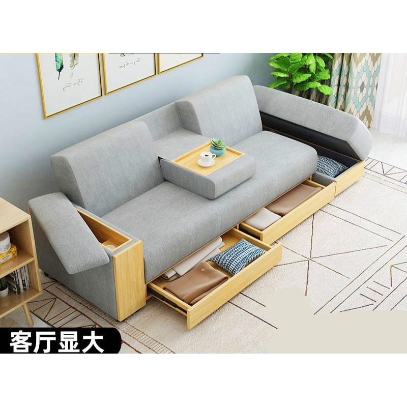 红款小户型客厅抽屉储物可收纳多功能两用床日式三人矮布艺沙发astyle