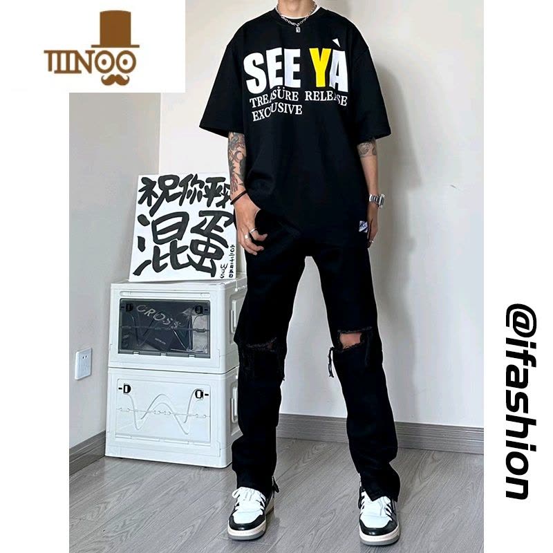 YANXU乞丐破洞牛仔裤男生黑色直筒修身长裤美式高街拉链开叉裤子图片