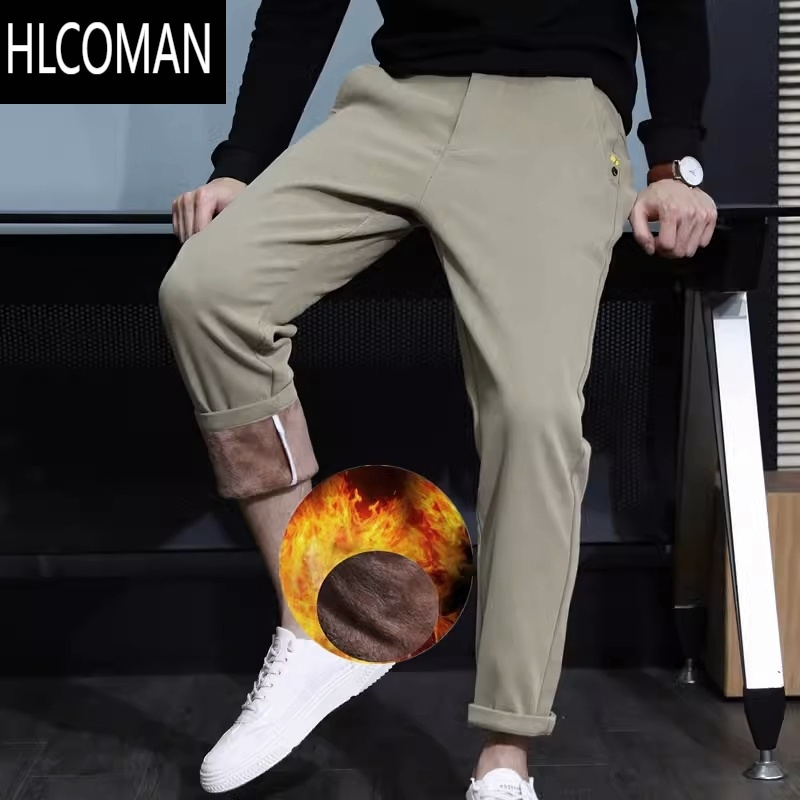 HLCOMAN冬季加绒加厚休闲裤男冬款弹力九分裤p暖绒裤男裤休闲厚裤子潮牌