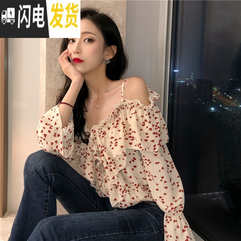 希杰狮王碎花雪纺衫春季小清新锁骨心机显瘦露肩吊带一字肩上衣甜美超