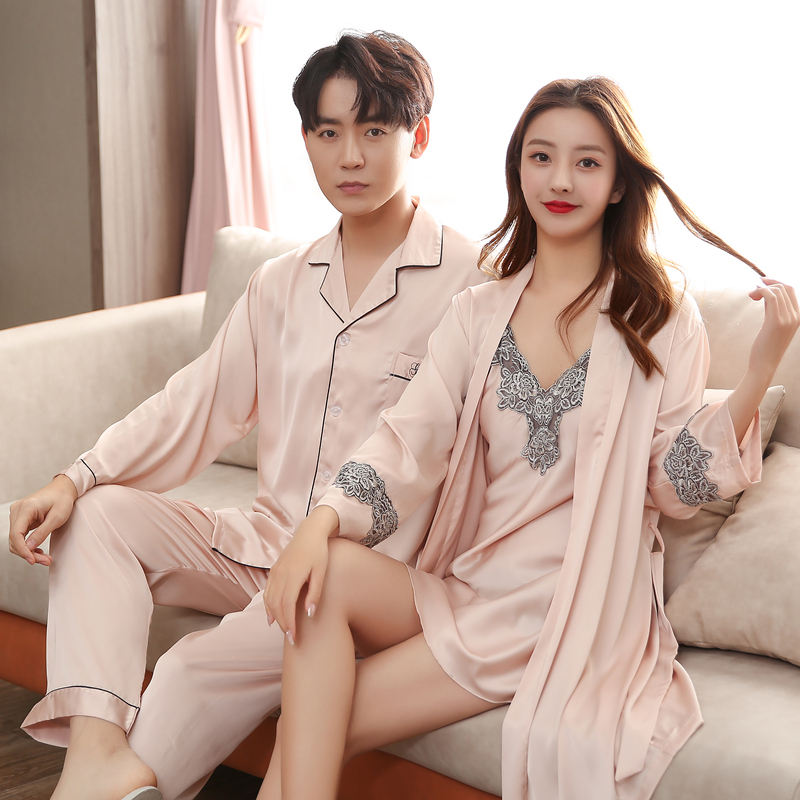 恋名媛情侣睡衣冰丝春夏长袖蕾丝花边睡袍男套装色女性感吊带睡裙睡衣
