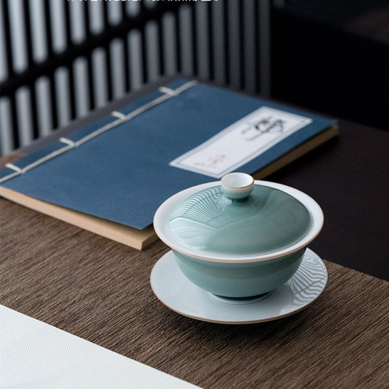 美帮汇景德青釉三才盖碗手工茶碗防烫陶瓷功夫茶具简约天地碗泡茶碗高清大图