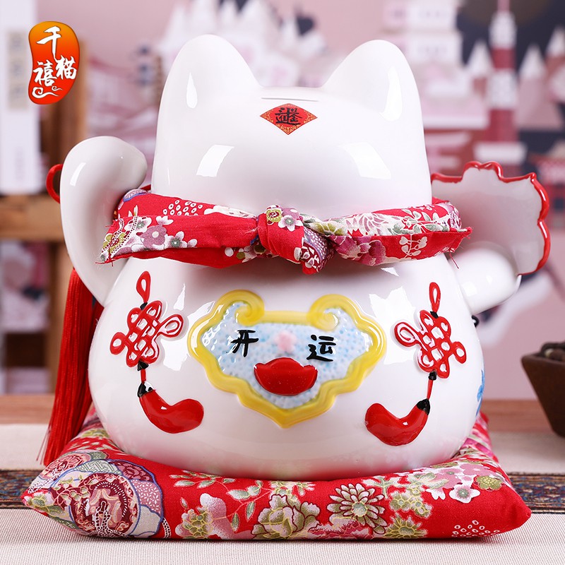 猫摆件 发财猫大号日本陶瓷存钱储蓄罐店铺开业创意礼品家居 三维工匠 10寸四季发财(木底座)猫高清大图