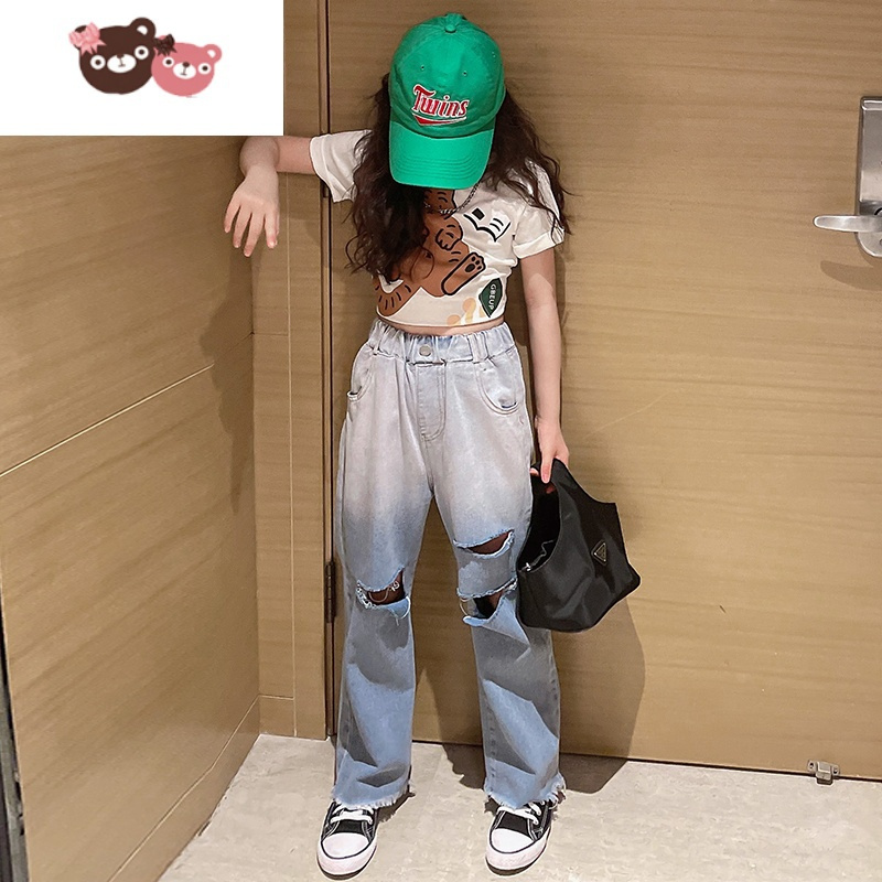 绿彩虹光女童夏季套装2022新款儿童装中大童洋气女孩时髦运动牛仔裤两件套 裤子