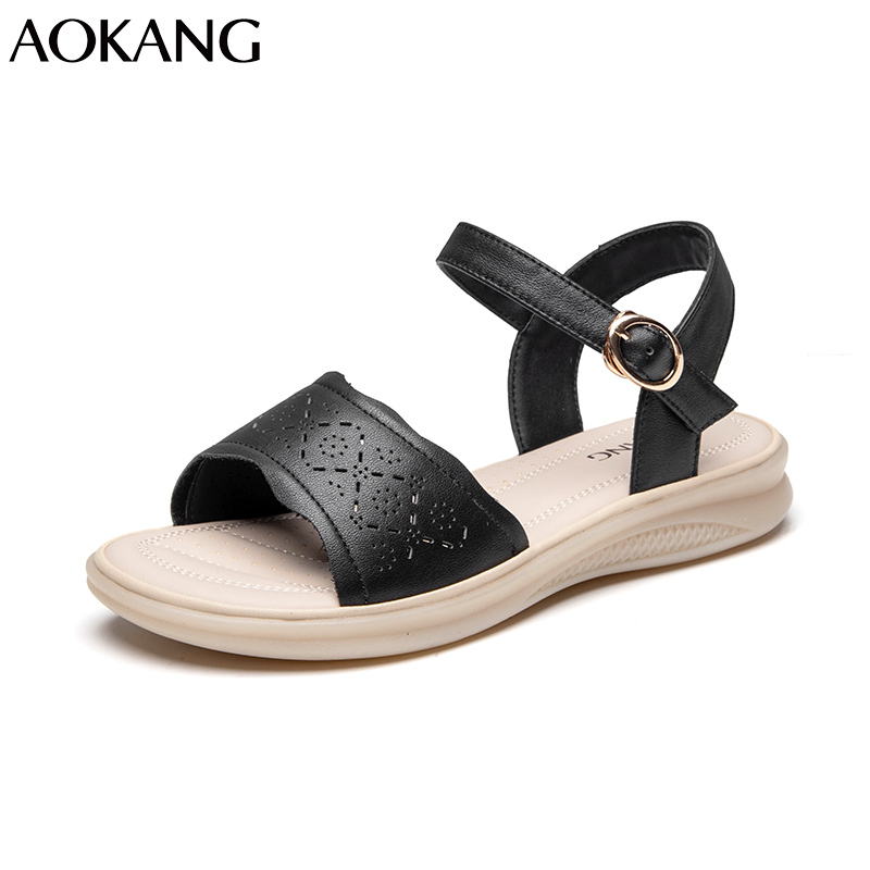 奥康凉鞋女夏季新款女鞋一字扣镂空防滑牛皮透气休闲舒适平跟沙滩鞋