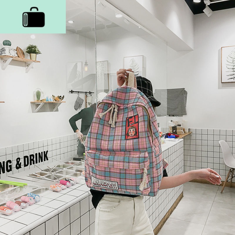 chic原宿书包女ins文艺韩版格子背包小清新校园百搭学生双肩包潮NEWLAKE高清大图