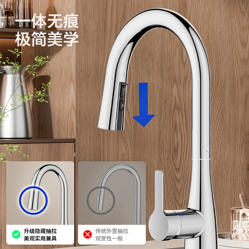 九牧（JOMOO）厨房水龙头三功能出水隐藏抽拉360°旋转冷热双控洗菜盆水槽龙头33220-779/1B-Z高清大图