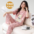 带胸垫睡衣女士夏季学生短袖长裤棉质薄款可爱家居服套装自带杯垫 女3XL E5204【带胸垫】
