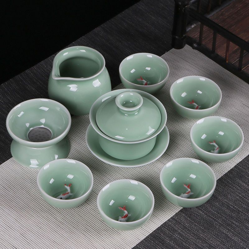 苏宁放心购青瓷茶具套装功夫茶具盖碗茶杯带鱼茶壶泡茶器整套