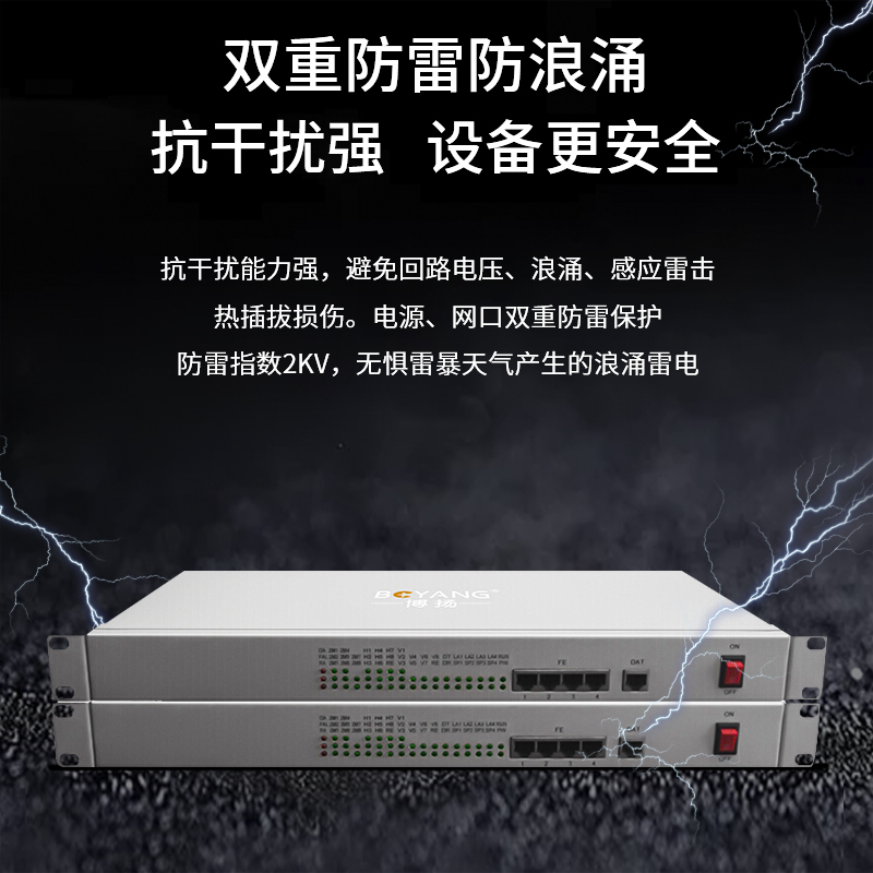 博扬 综合业务电话光端机 4路E1+4路以太网+2路双向音频 单纤20km 机架式 1对价 BY-4E1-2Aa-4e