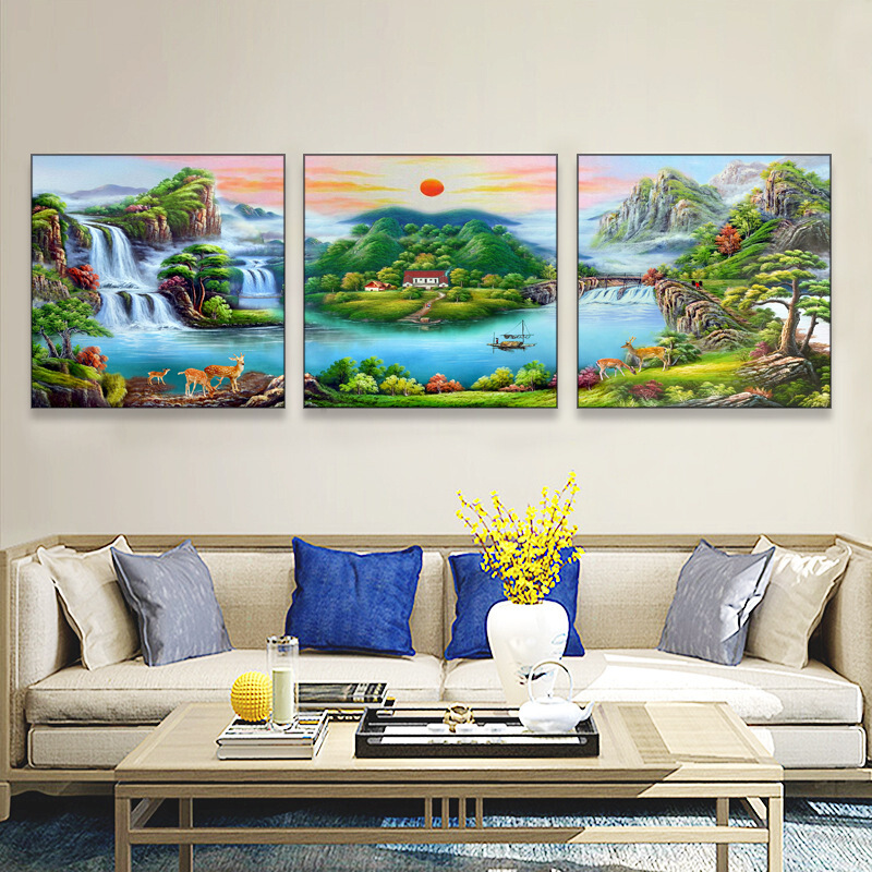 客厅装饰画聚宝盆风景山水画风水招财靠山沙背景墙画中式背景壁