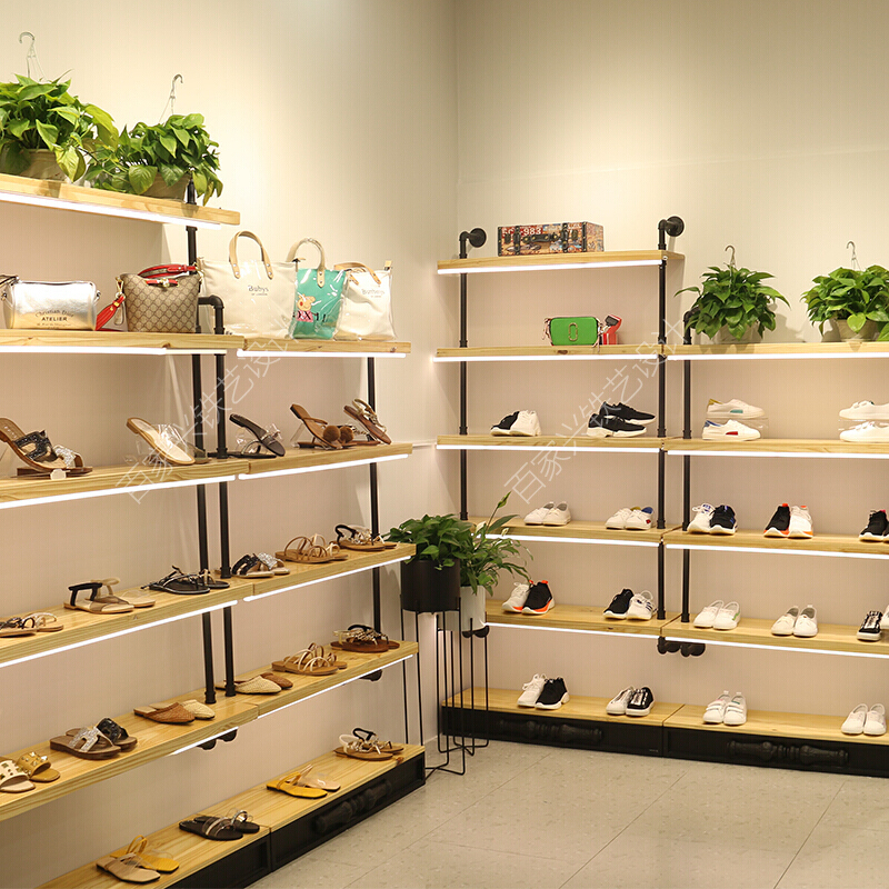 复古鞋店鞋架展示架多层鞋货架水管落地鞋包架鞋上墙实木创意鞋架