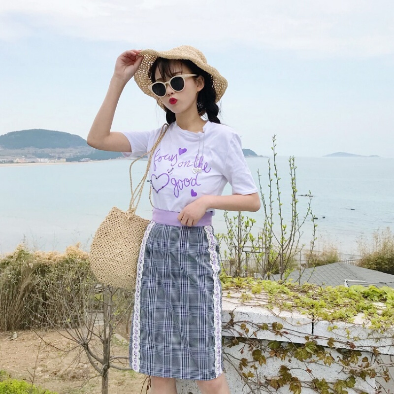里小姐~韩版时尚休闲套装夏装甜美订珠紫色字母T恤+半身裙白T+格子裙