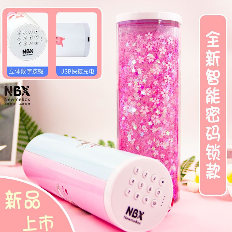 笔盒流沙nbx笔袋小学生多功能铅密码笔盒网红同款文具盒圆筒 精灵款送儿童手表