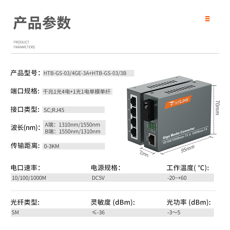 netLINK HTB-GS-03/4GE-3A+HTB-GS-03/3B千兆单模单纤光纤收发器 1光4电+1光1电套装