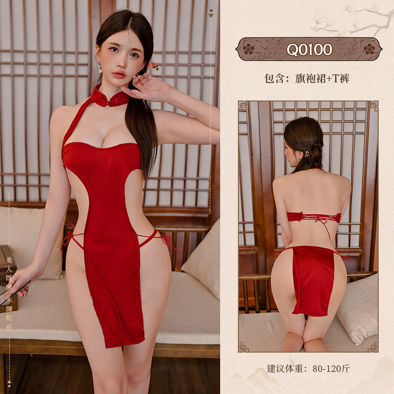 九里晴川小胸激情性感睡衣免脱制服诱惑调情睡裙情趣内衣分销 九里晴川Q0100【绑带旗袍连衣裙】 均码