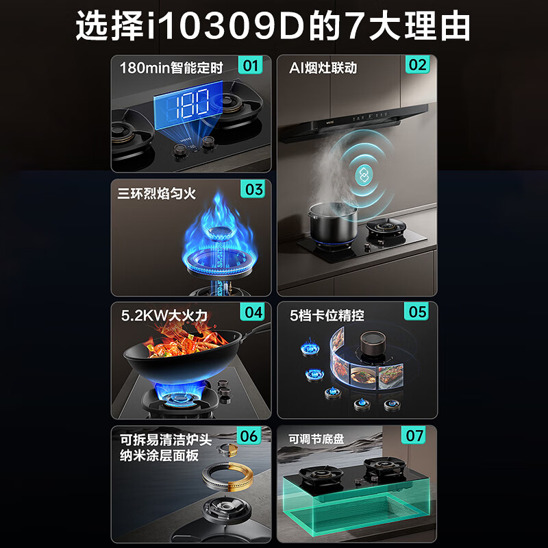 华帝(vatti)燃气灶家用5.2kW 嵌入式定时猛火灶 可调节免扩孔70%热效率 烟灶联动灶具i10309D(天然气)高清大图
