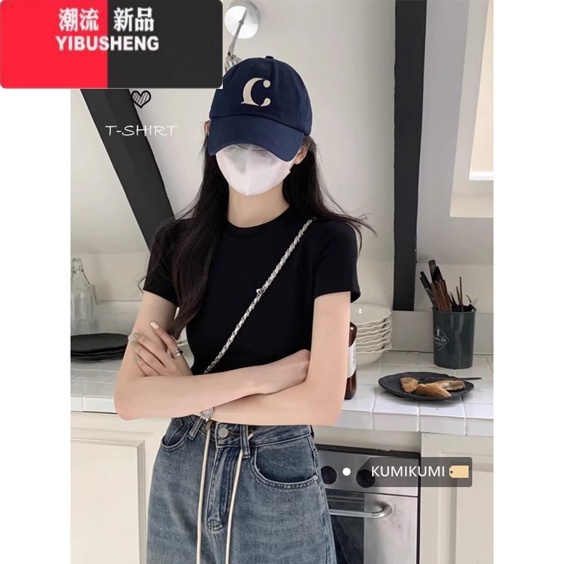 YIBUSHENG黑色正肩圆领t恤女简约基础款上衣季修身美式辣妹短款chic短h高清大图
