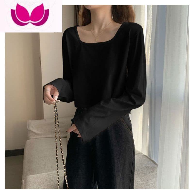 七斓黑色打底衫女内搭2023年新款大u低领口长袖t恤宽松上衣薄款图片