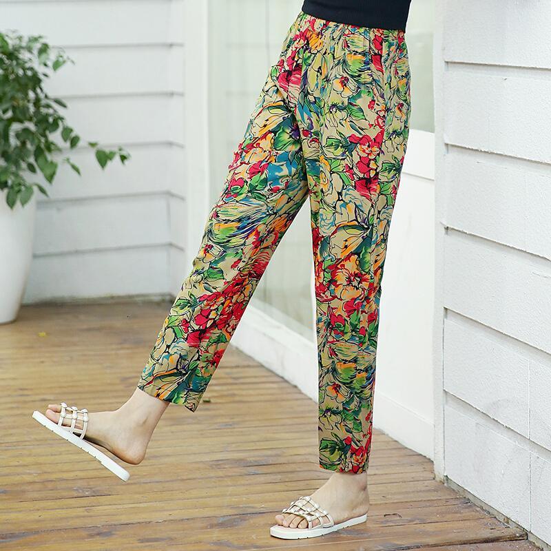 夏季中老年棉绸裤女宽松九分裤休闲松紧腰沙滩花裤子小脚裤