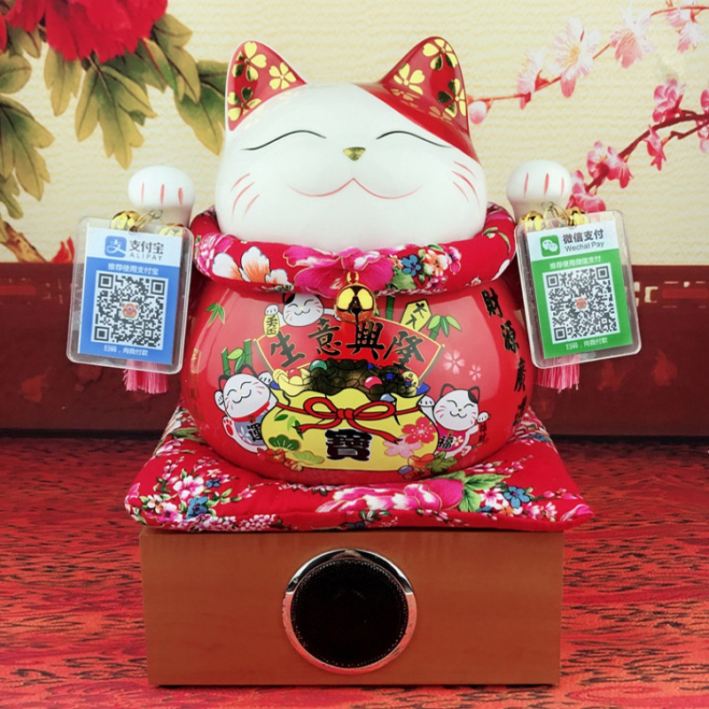 红摆件开业店铺收银台蓝牙语音播报器二维码音箱创意礼品 三维工匠 大号生意兴隆+二维码牌+木底座猫高清大图