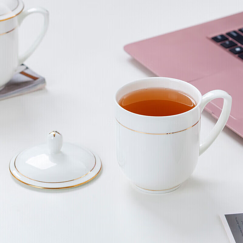 富强 陶瓷盖杯水杯金边会议杯 喝茶开会杯子360ml 十只装高清大图