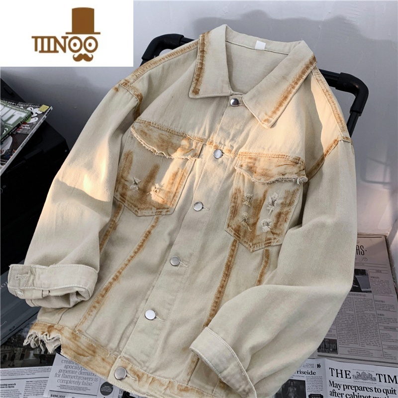 YANXU破洞牛仔外套男春季新款小众设计感美式复古夹克潮牌宽松休闲上男高清大图