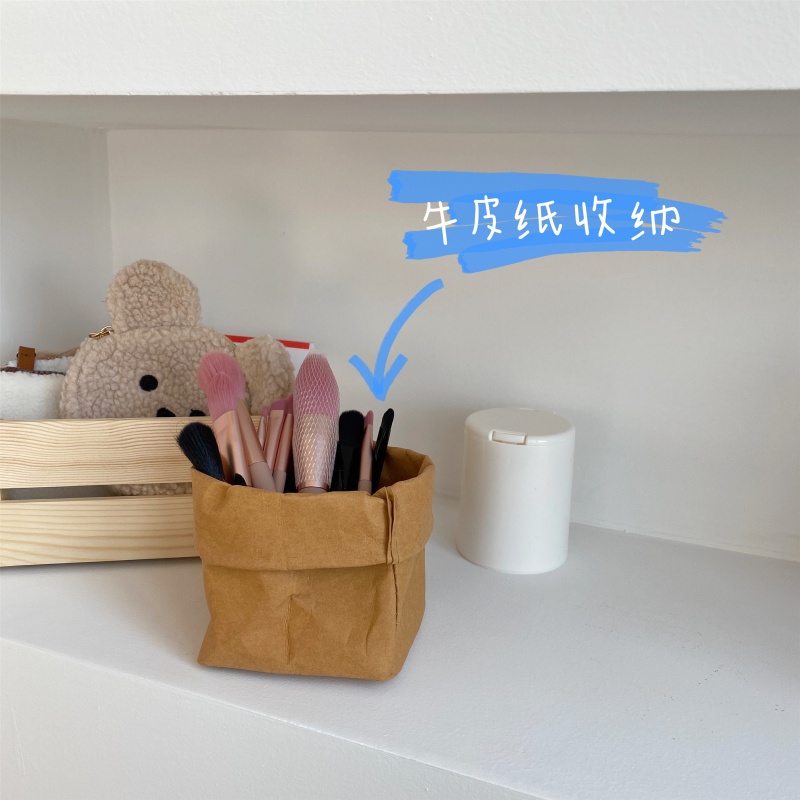 韩国ins化妆刷收纳桶牛皮纸袋桌面收纳筐口红眉笔杂物刷子收纳袋收纳袋 三维工匠高清大图