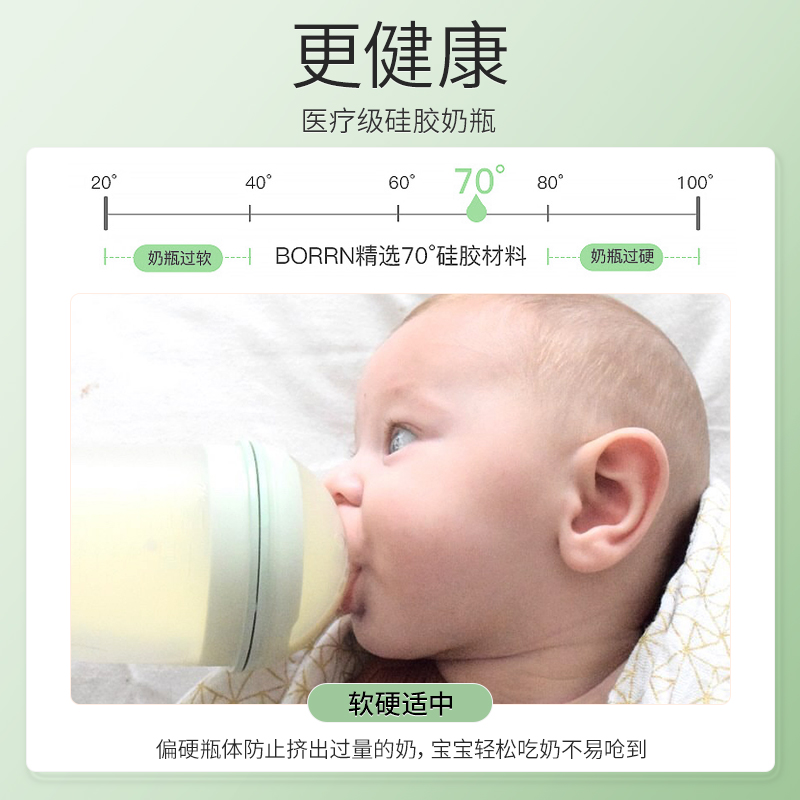 BORRN英国原装进口奶瓶150ml(无赠品)新生儿硅胶奶瓶防胀气防摔防呛奶0-6个月以上宝宝仿母乳实感高清大图