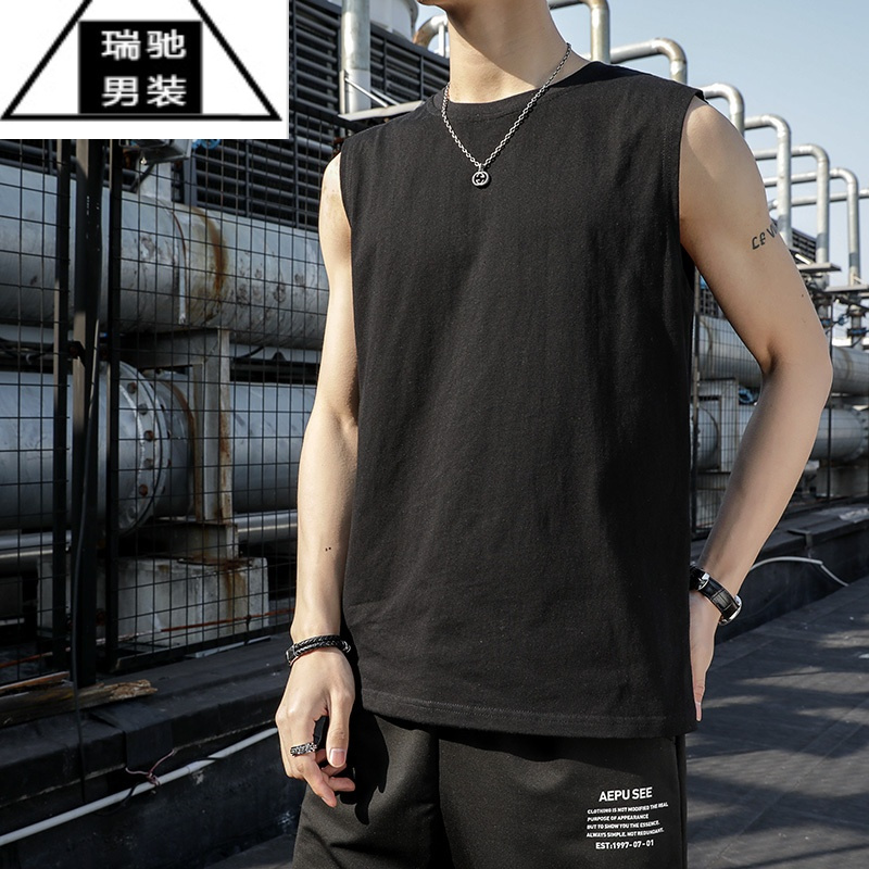 希杰狮王运动背心男士宽松夏季潮流潮牌健身宽松坎肩白色打底衫短袖t
