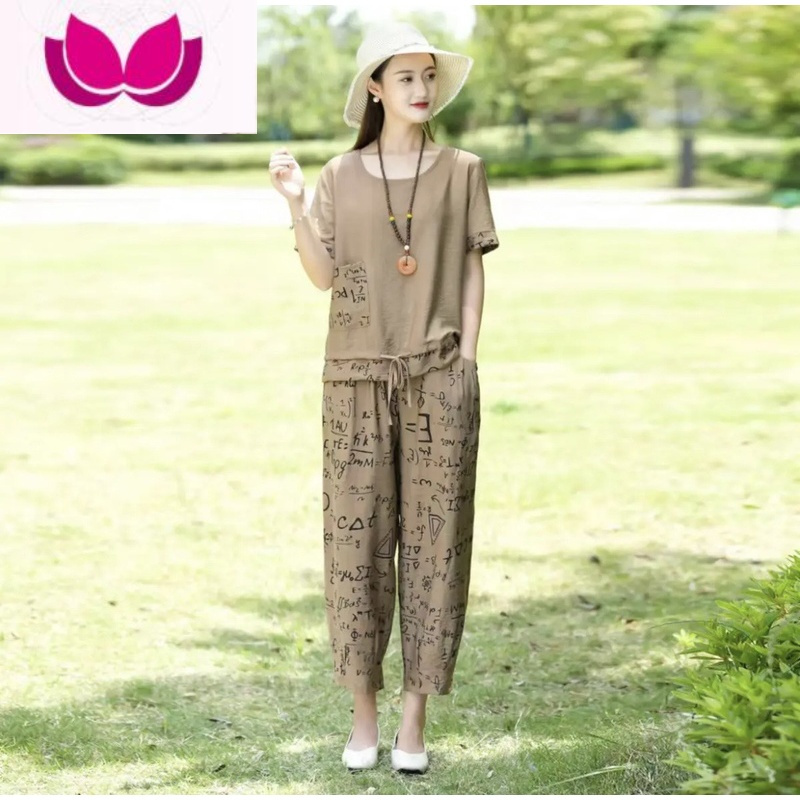 七斓新款中老年棉绸短袖套装女休闲外穿妈妈夏装人造棉大码上衣套