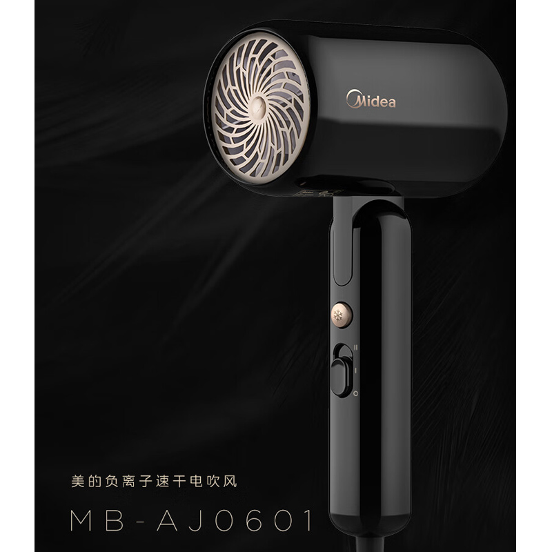 美的Midea 吹风机家用负离子大功率不伤发电吹风 黑色便携装折叠款MB-AJ0601高清大图
