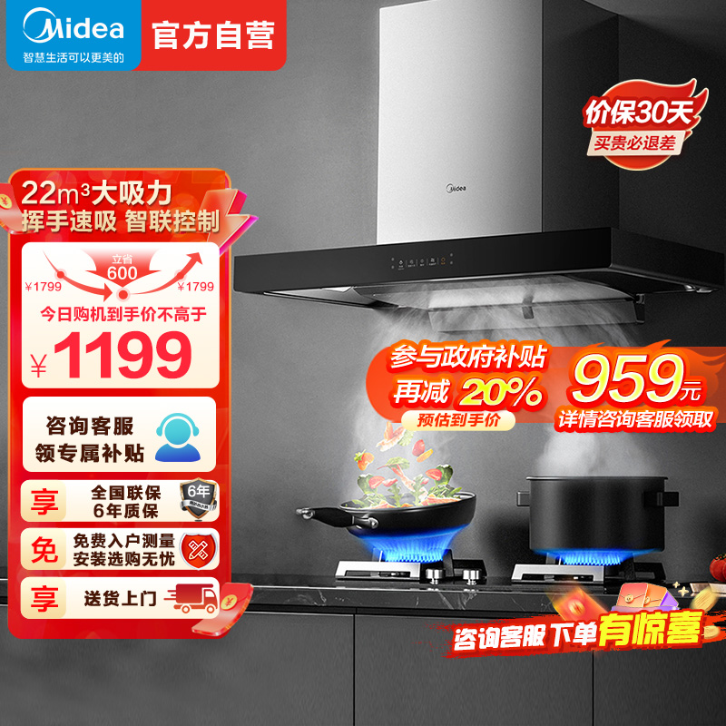 美的(Midea)家用抽油烟机欧式顶吸22立方大吸力排烟机吸油烟机自动清洗防碰头设计挥手APP智能控制TN306