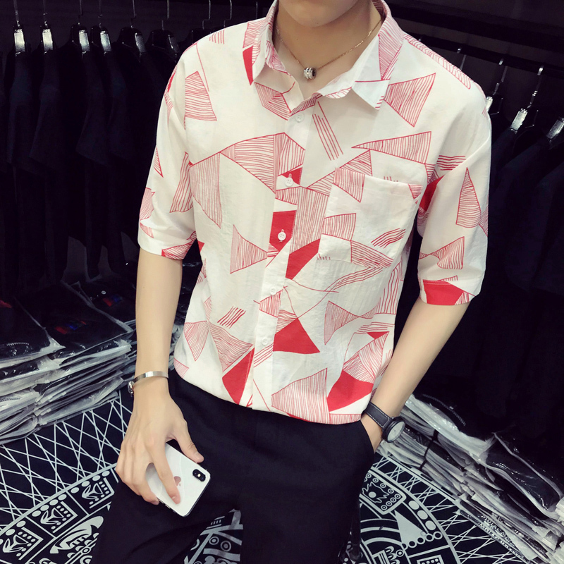 2018夏季男士短袖衬衫韩版宽松印花个性休闲衬衣五分袖中袖潮流