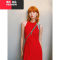YIBUSHENG陳小腿~Turn left 纯欲红色甜辣妹无袖连衣裙女挂脖修身长裙ins