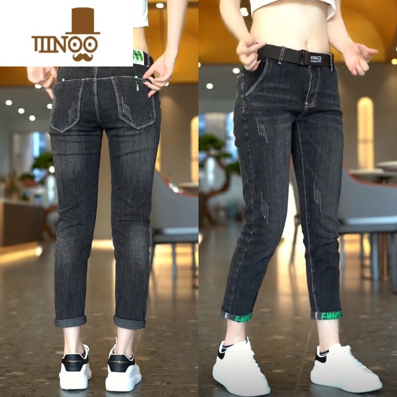 YANXU夏季修身小脚牛仔裤男款潮牌水洗印花休闲裤子男士时尚百小仔裤仔高清大图