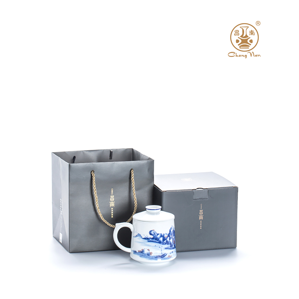 昌南 青花釉里红“山水图”茶杯高清大图